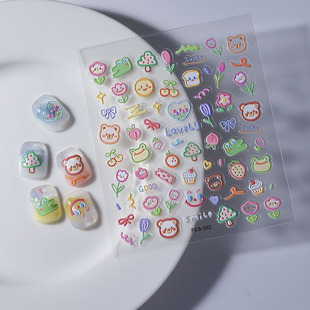 Tiktok popular hollow flower relief nail stickers three-dimensional cute bear smiley face phone case pen holder decorative stickers
