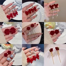 银针红色丝绒蝴蝶结耳环长款流苏气质耳坠新年百搭喜庆耳饰女