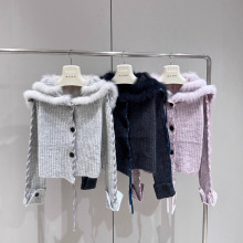 2025秋冬海军领狐狸毛皮草拼接针织开衫毛衣简约轻奢设计感外套女