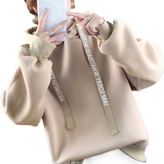 2025 抗ピリングイントレーナー女性の秋と冬の韓国スタイルのトレンディなルーズカレッジスタイル親友衣装ベルベット肥厚トップ