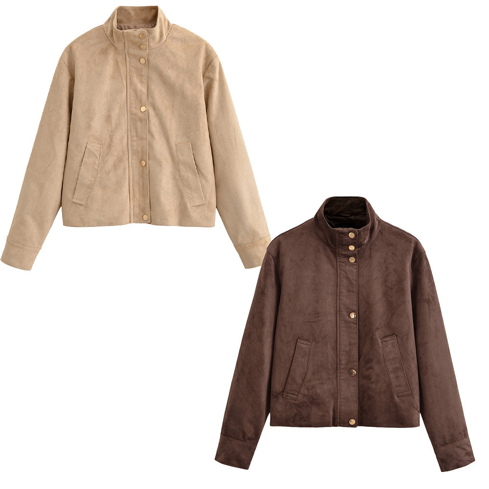 2025 Autumn and Winter New European and American Cross-Border Women's Stand-Up Collar Single-Breasted Suede Jacket W09 70006