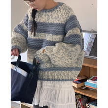 韩版chic秋冬款百搭甜美配色软妹重磅粗线针织套头保暖毛衣