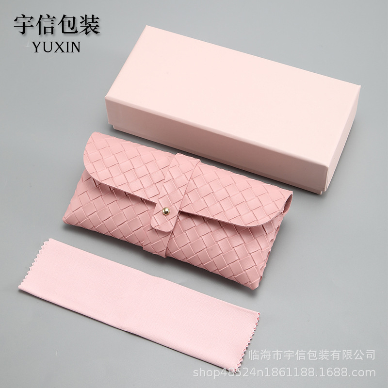 Pink Eyeglass Case Set, Sunglasses Flip-Top Case, Fashionable Leather Woven Buckle Eyeglass Storage Bag Wholesale