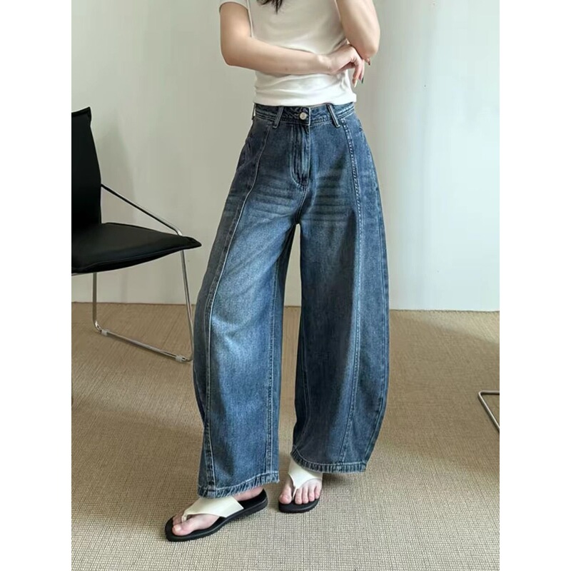 European-style vintage denim balloon pants for women, new summer model, high-waisted, with buckle, wide-leg, loose-fitting, slimming, curved cut, cropped pants European-style vintage denim balloon pants for women, new summer model, high-waisted, with buckle, wide-leg, loose-fitting, slimming, curved cut, cropped pants