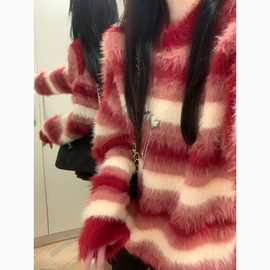 红色条纹绣花长绒软糯套头慵懒秋冬厚仿貂毛衣女外穿百搭