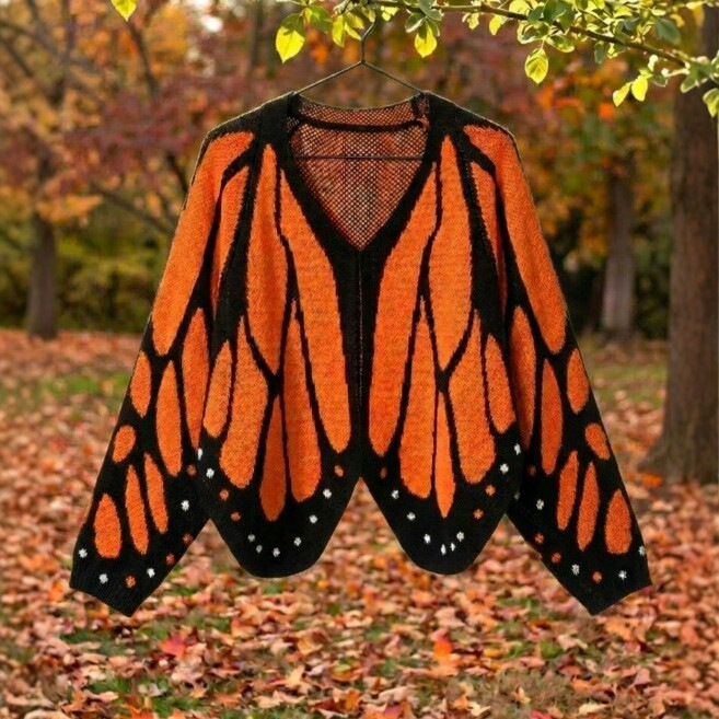Cross-Border Autumn and Winter In-Stock Butterfly Color-Block Knit Sweater, Loose Batwing Sleeve V-Neck Cardigan, Short Style, Customizable Cross-Border Autumn and Winter In-Stock Butterfly Color-Block Knit Sweater, Loose Batwing Sleeve V-Neck Cardigan, Short Style, Customizable