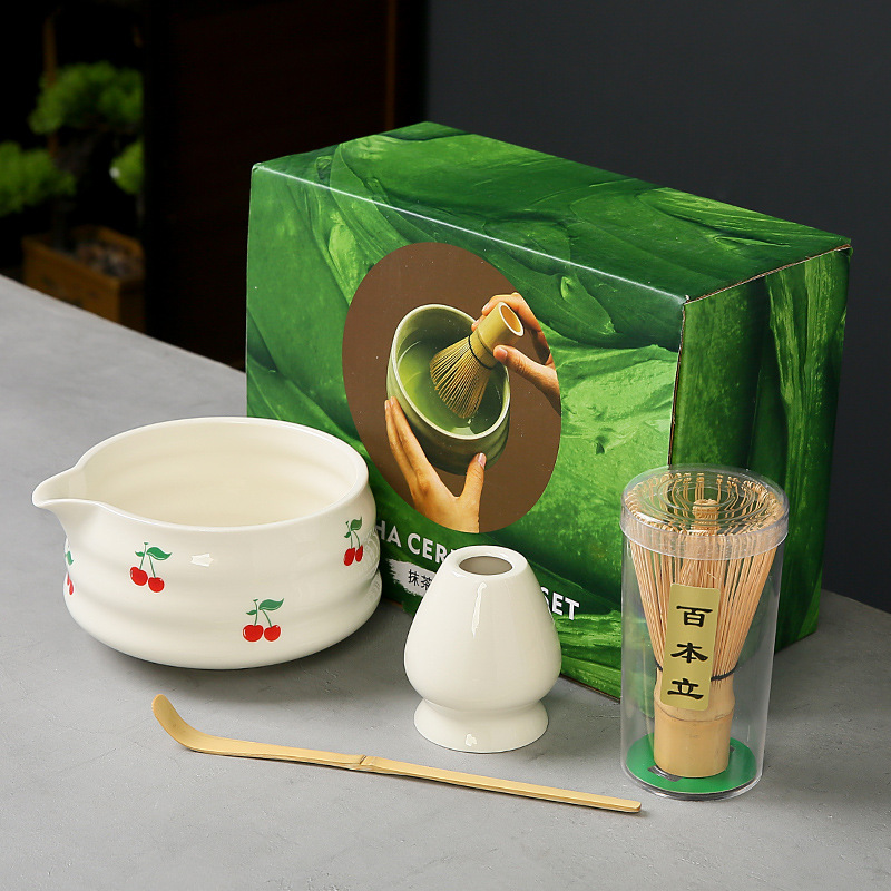 跨境抹茶碗套装樱桃蝴蝶结心形图案花纸陶瓷百本立茶筅点茶系列|undefined