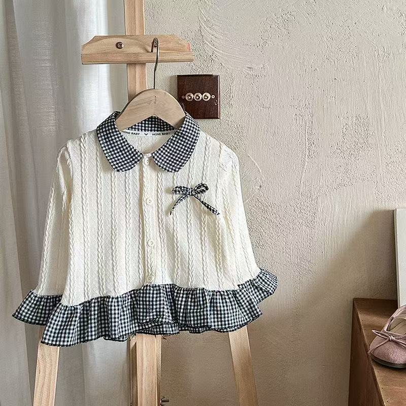 2026 primavera nueva camisa de cuello de muñeca de cuadrícula de mangas largas de encaje arco de camisa de estilo occidental para niños