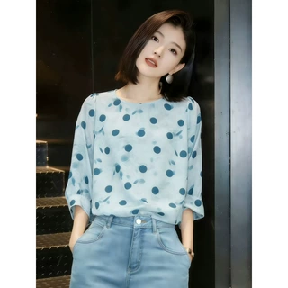温柔雾蓝点雪纺衫七分袖宽松遮肉显瘦百搭通勤上衣女