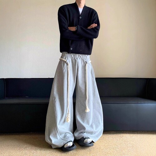 niche design, handmade thick rope, wide-leg, machete pants, men's American retro sweatpants, loose mop casual pants