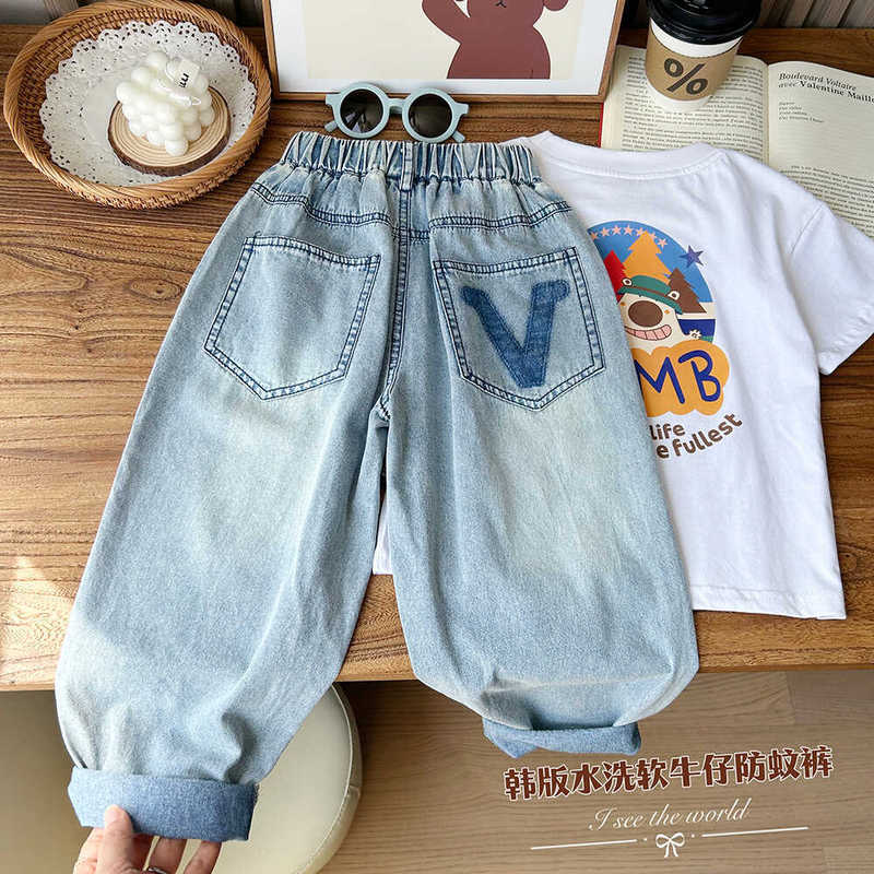 2024 Summer Thin Children's Denim Anti-mosquito Pants Big Boys Light Color Loose Washed Western-style Daddy Pants