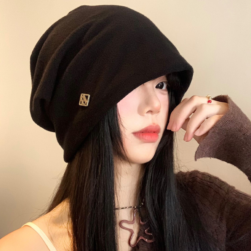 黑色堆堆帽女秋冬季新款大头围显脸小包头帽时尚百搭针织套头帽子|undefined