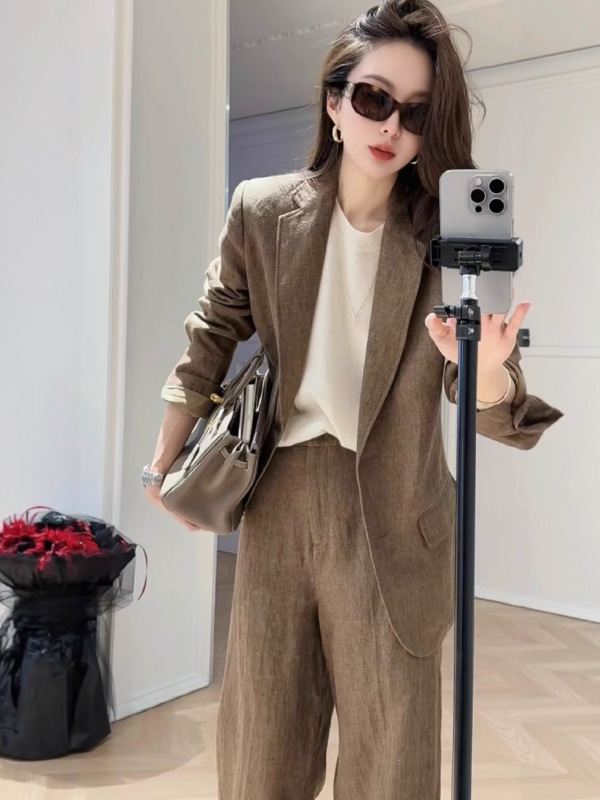 早秋纯亚麻西服套装女高端精品莱赛尔材质老钱风职业休闲范穿搭|undefined
