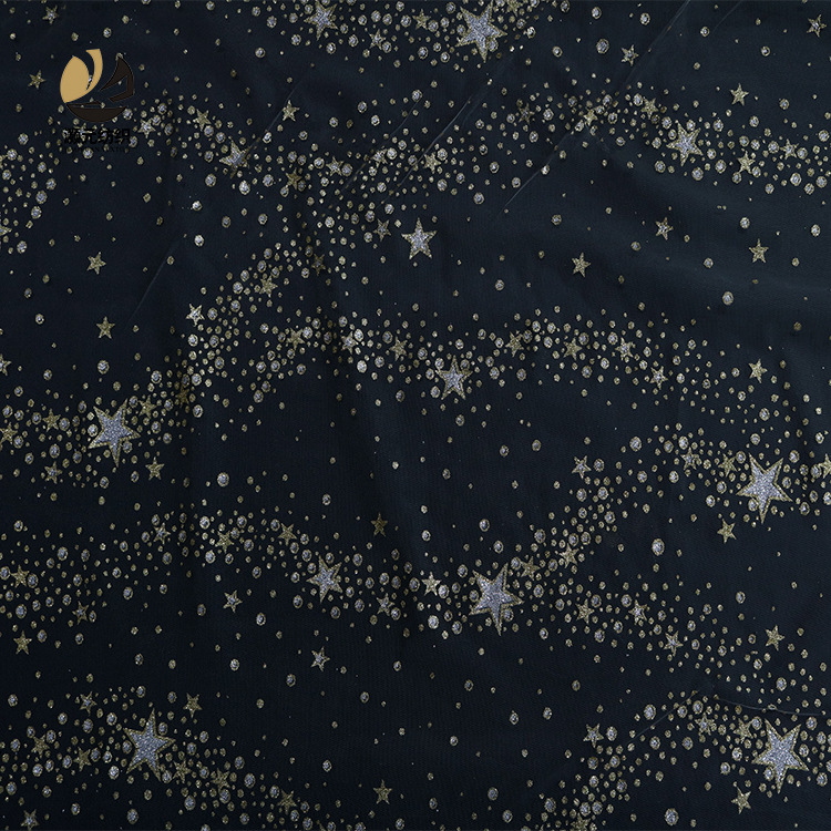 Fábrica de oro impresa en stock pentagonal estrella meteorita no cae polvo vestido de boda tela de malla decoración