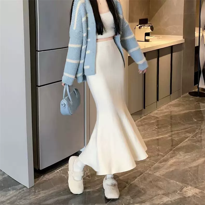针织裙鱼尾半身裙女秋冬韩版百搭高腰显瘦修身a字包臀长款毛线裙