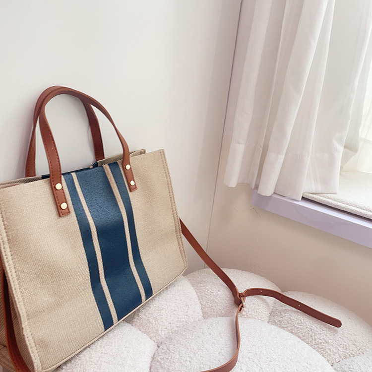 Versione coreana della valigetta portatile, borsa grande in tela quadrata a righe per pendolari, borsa da donna_voghion.com