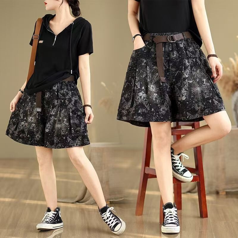 Plus-size fashion artistic wide-leg denim shorts for women, new summer style, loose and slimming, versatile casual A-line shorts