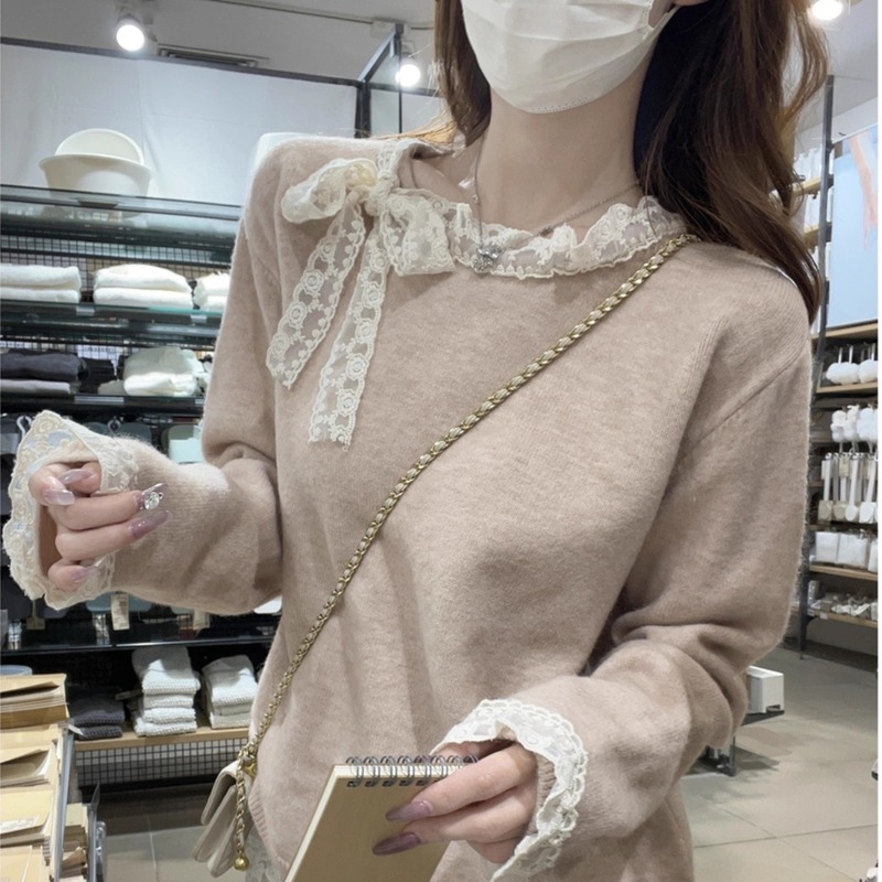 韩版圆领甜美蕾丝边针织毛衣女夏季2025新款洋气百搭休闲显瘦上衣|undefined