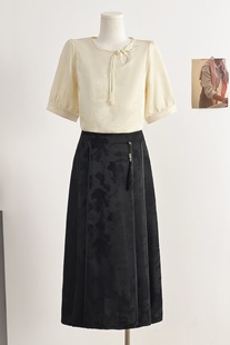 8736# New Chinese Style Retro Round Neck Buckle Embossed National Style Short Sleeve Chiffon Shirt Women's Summer Thin suit Skirt