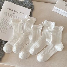 春夏新款洛麗塔蝴蝶結襪子女蕾絲花邊長筒襪ins日系JK鏤空中筒襪