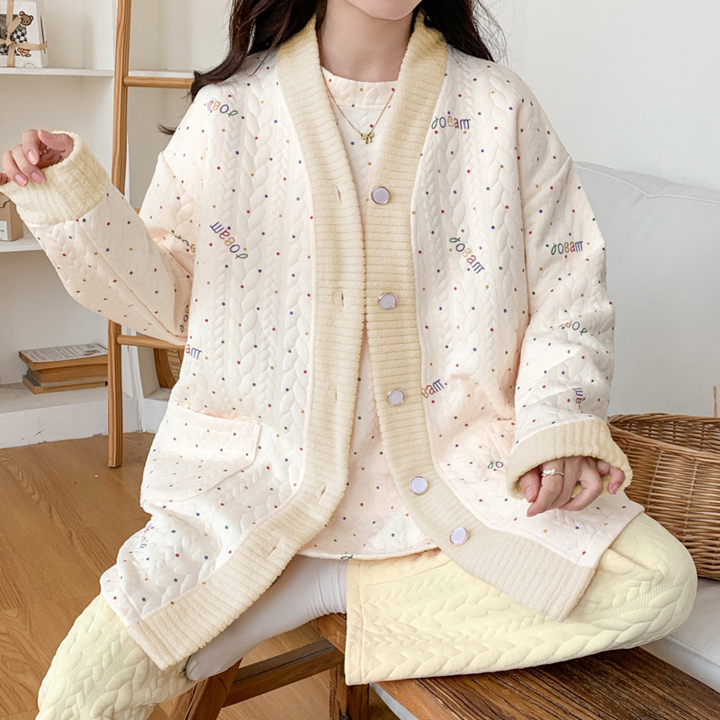 가디건 산후 수유 세트 공기면 임산부 잠옷 가을과 겨울 샌드위치 모성 월간 세트 3 피스 세트
