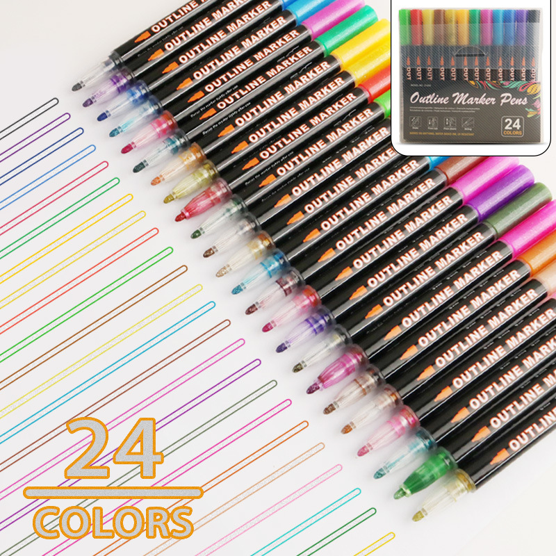 Fantasía doble línea de contorno de la pluma 8 colores 12 colores traje DIY resaltador pluma de contorno estudiante pintura pluma de marcado de dos colores