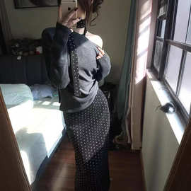 【两件套】秋季甜辣风气质穿搭ins时尚露肩长袖毛衣针织衫女套装
