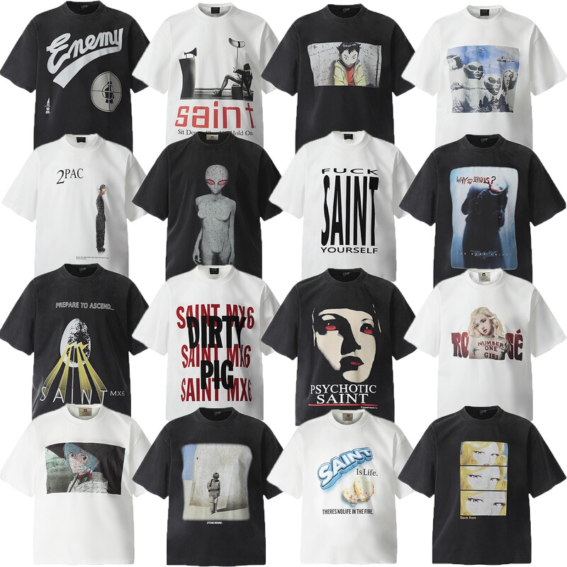 Saint Michael Vintage Trendy Heavy-Duty Washed Retro Loose-Fitting Couple's Short-Sleeve T-Shirt for Men and Women Saint Michael Vintage Trendy Heavy-Duty Washed Retro Loose-Fitting Couple's Short-Sleeve T-Shirt for Men and Women