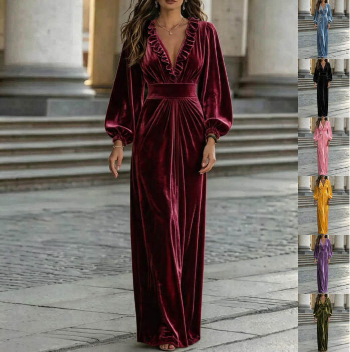 2026 European and American cross-border Amazon Korean velvet robe long-sleeved satin long V-neck dress 2026 European and American cross-border Amazon Korean velvet robe long-sleeved satin long V-neck dress