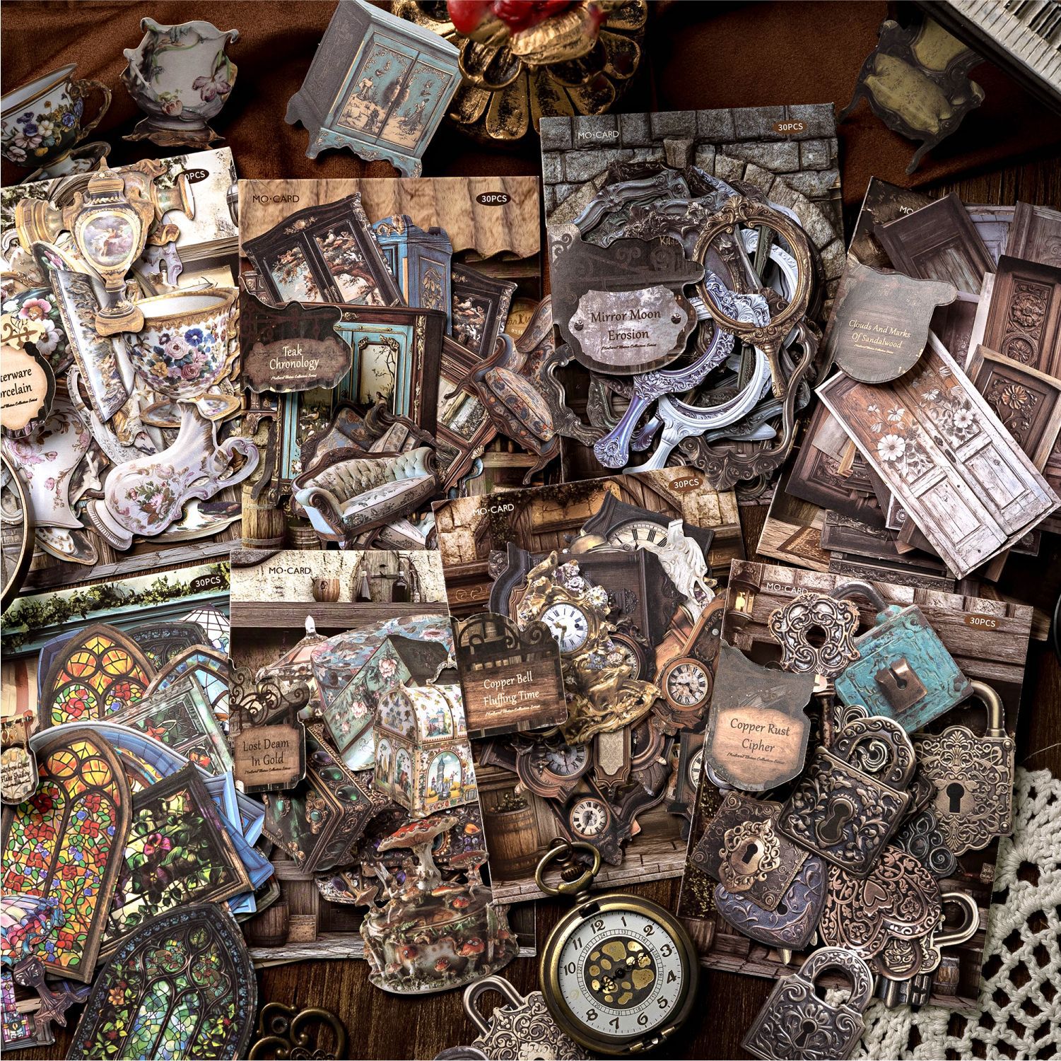 Mosmo Retro Ecenery Hollow Tarjeta dura Etiqueta engomada Colección de la Edad Media Material de todo fósforo Cuenta manual Collage de bricolaje