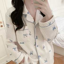 韩国ins女士秋冬新款韩版加厚加丝棉点点蝴蝶结睡衣家居服套装女