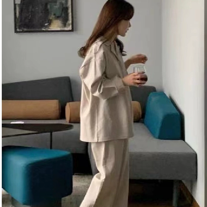 Пижамный комплект с длинным рукавом (Brand) корейского стиля — кардиган в полоску, чистый хаки, зимний