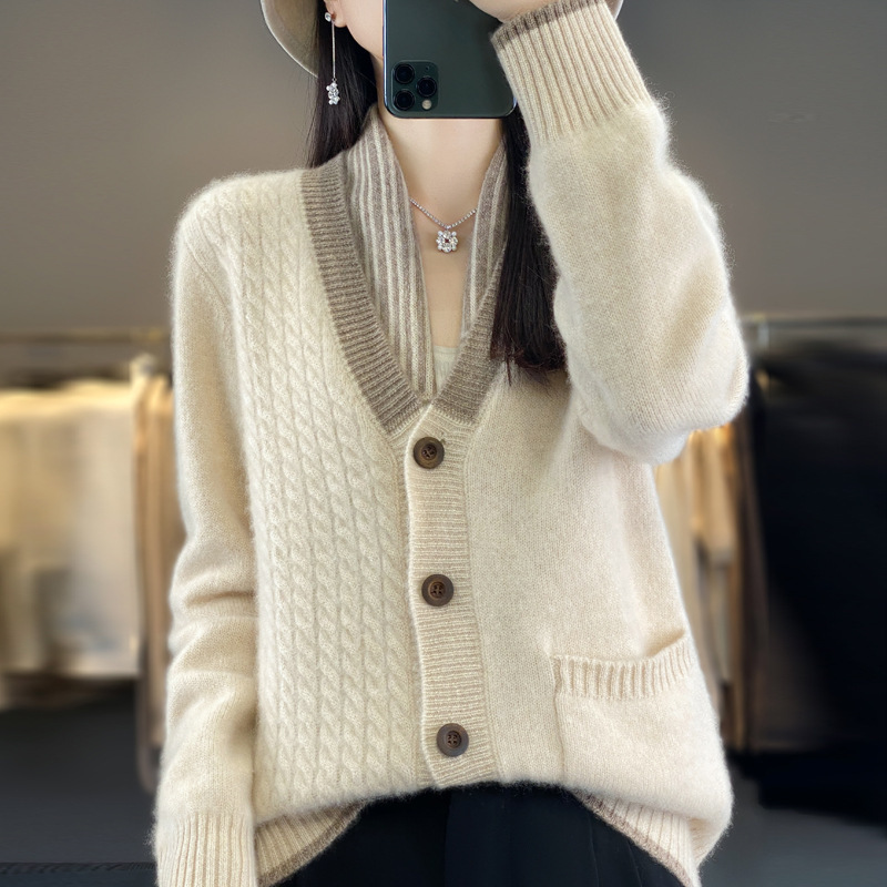 7-needle thick V-neck wool cardigan for women's autumn and winter new loose and versatile color blocking cashmere jacket lazy knit top