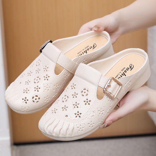 New flat heel anti-slip middle-aged mother bag head slippers bag head slippers imitated leather medium heel hole shoes outer wear women's slippers 