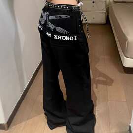 印花字母牛仔裤情侣辣妹梨形欧美风宽松弯刀黑色裤子显瘦梨形身材