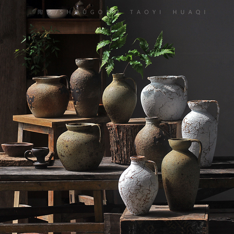 Ceramic Vase, Rustic Pottery for Fresh Flowers, Vintage Nostalgic Handmade Decoration for Guesthouses and Hotels, Wabi-Sabi Style, Zen-Inspired Ornament, Pottery Flower Vessel