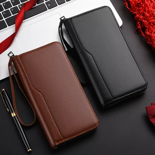 New Men's Long Zipper Wallet Coin Purse Large Capacity Multi-Card Slot Business Litchi Pattern Stitching Hand Wallet