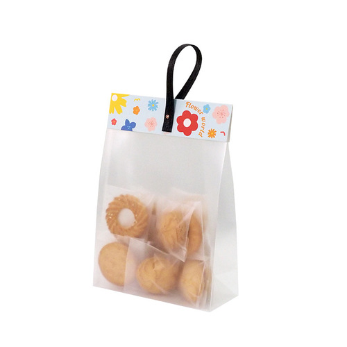 Cookie packaging bag with flower cartoon header, cute handle bag, transparent self-sealing snowflake cracker box