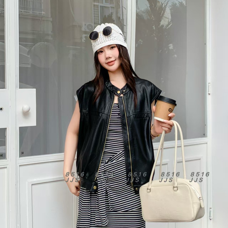 Super Nice and High-End Stand-Up Collar Motorcycle Leather Vest for Women Spring & Fall Sleeveless Layered Leather Jacket Leather Jacket Vest Jacket for Women