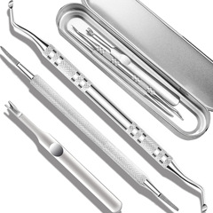 Stainless steel double-headed nail cleaner set with cuticle scoops, nail groove cleaner, and large file, including Stun leather pick