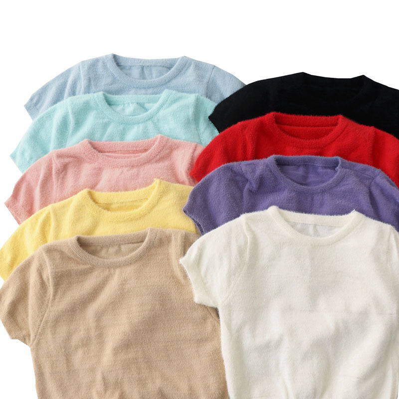 Summer New Niche Design Sense Imitation Mink Wool Knitted Short-sleeved Simple All-match Round Neck Slim-fit Short Top for Women Summer New Niche Design Sense Imitation Mink Wool Knitted Short-sleeved Simple All-match Round Neck Slim-fit Short Top for Women