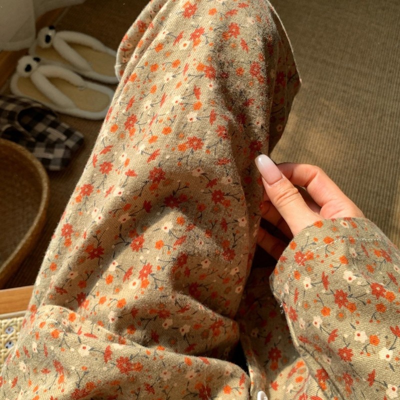 少女甜美碎花长袖磨毛睡衣女秋冬款新款复古家居服大码套装可外穿|undefined