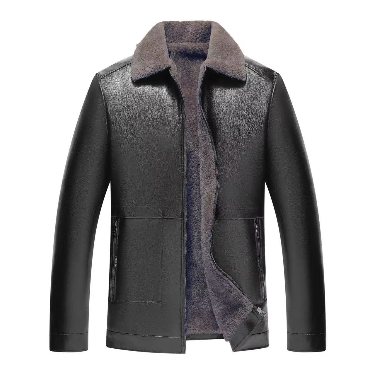 2022中老年小翻领皮衣加绒加厚男士PU皮夹克皮毛一体一件代发地摊