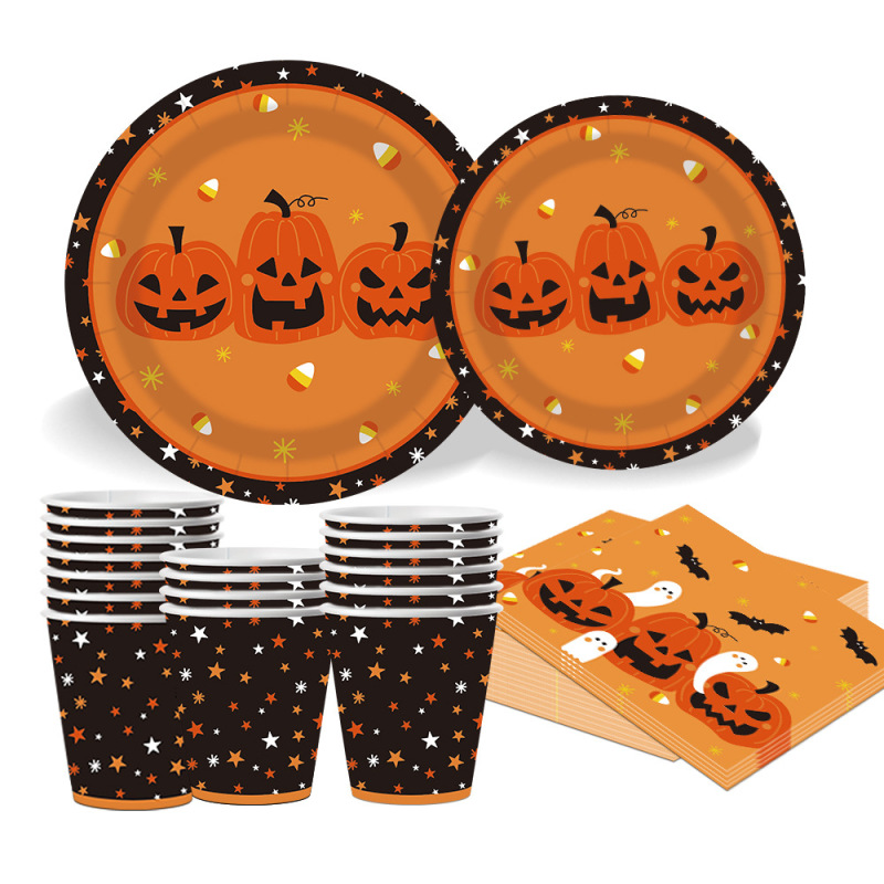 ハロウィンカボチャゴーストパーティー食器使い捨て用品ティッシュペーパートレイプラスチックカトラリーパーティーセット卸売|undefined
