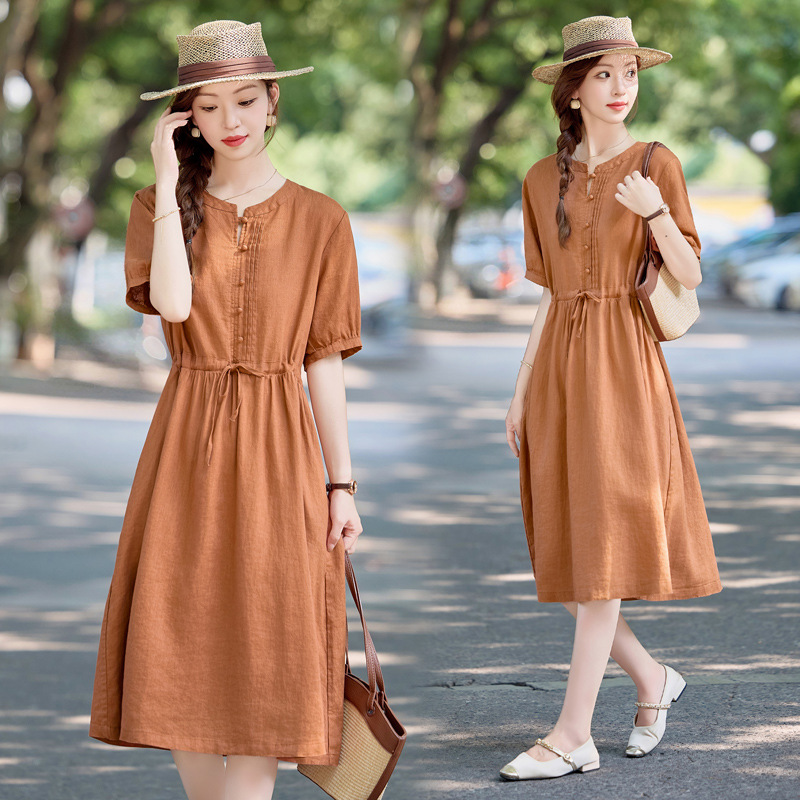 Đầm maxi nữ thắt eo cotton linen 2025 form rộng thanh lịch — màu sắc, Xanh lông mòng đen