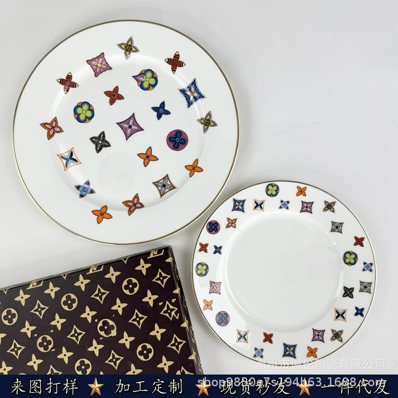 Casual and Stylish Letter High-End Western Dinner Plate 10inch Bone China Flat Plate Hotel Shallow Plate Export Wedding Housewarming Gift Plate