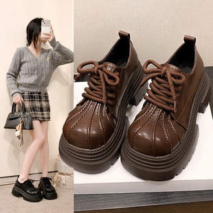 Thick bottom round toe small leather shoes women's 2025 spring new small height women's shoes soft bottom light muffin loafers