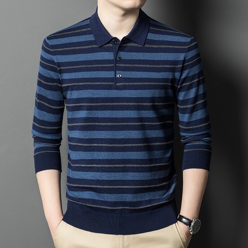 Autumn and Winter Woolen Sweater Men's Long-Sleeved T-Shirt Striped Lapel Polo Shirt Middle-Aged Dad's Sweater Fine-Spun Cashmere Sweater