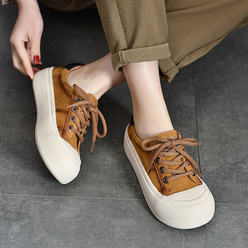 First-layer cowhide casual shoes for women 2024 spring red lace-up low-cut large round-toe women's shoes retro flat-heeled sneakers