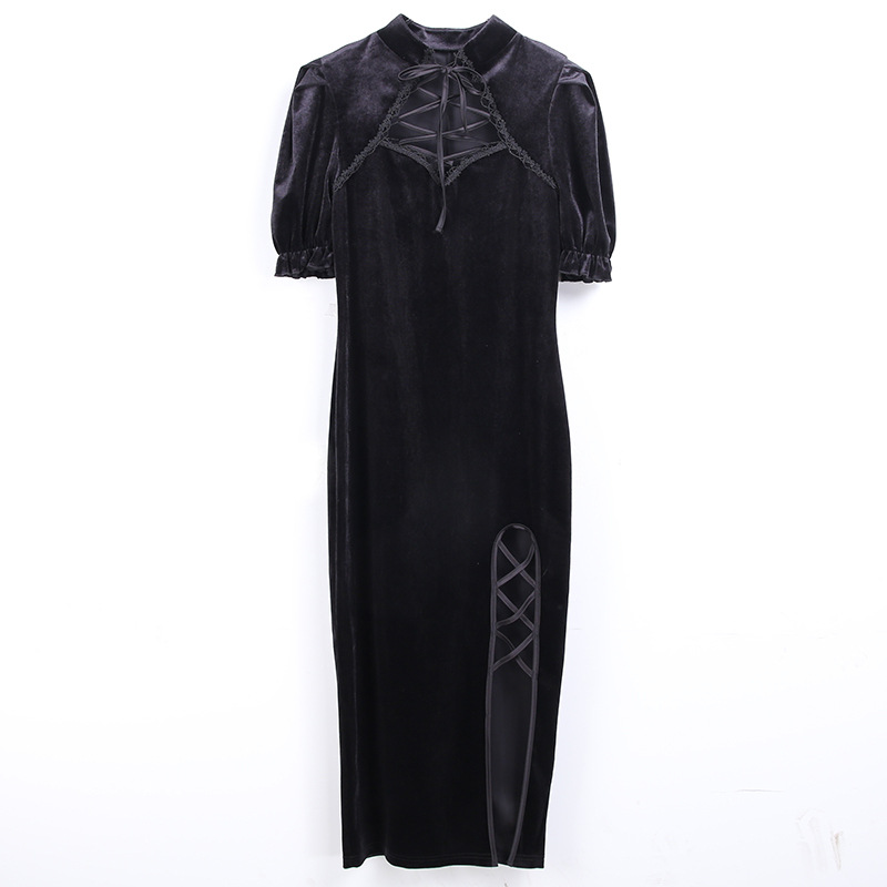 Dark Style Retro Hollow Lace-Up Slit Cheongsam Dress NSGYB99130